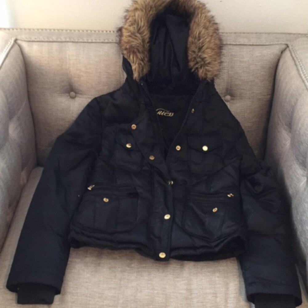 Guess Fur Hooded Jacket black with Gold Accents